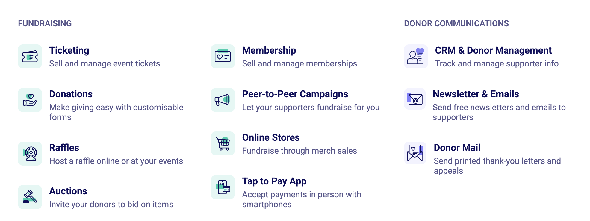 Zeffy feature set: ticketing, donations, raffles, auctions, membership, peer-to-peer campaigns, online stores, tap to pay, CRM and donor management, newsletters and emails, donor mail